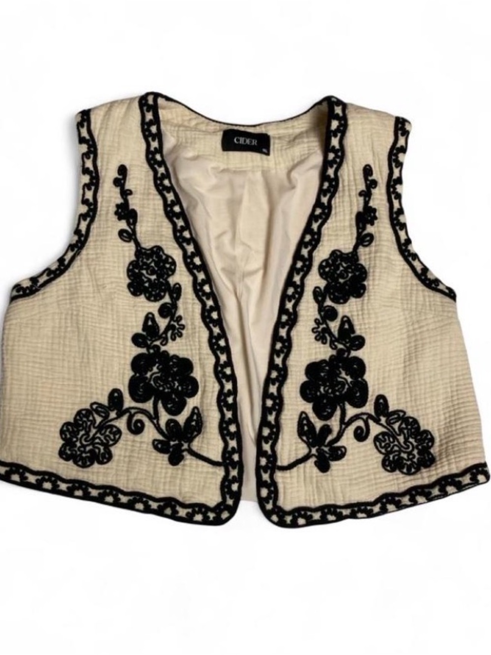Cider Cream Vest with Black Floral Embroidery